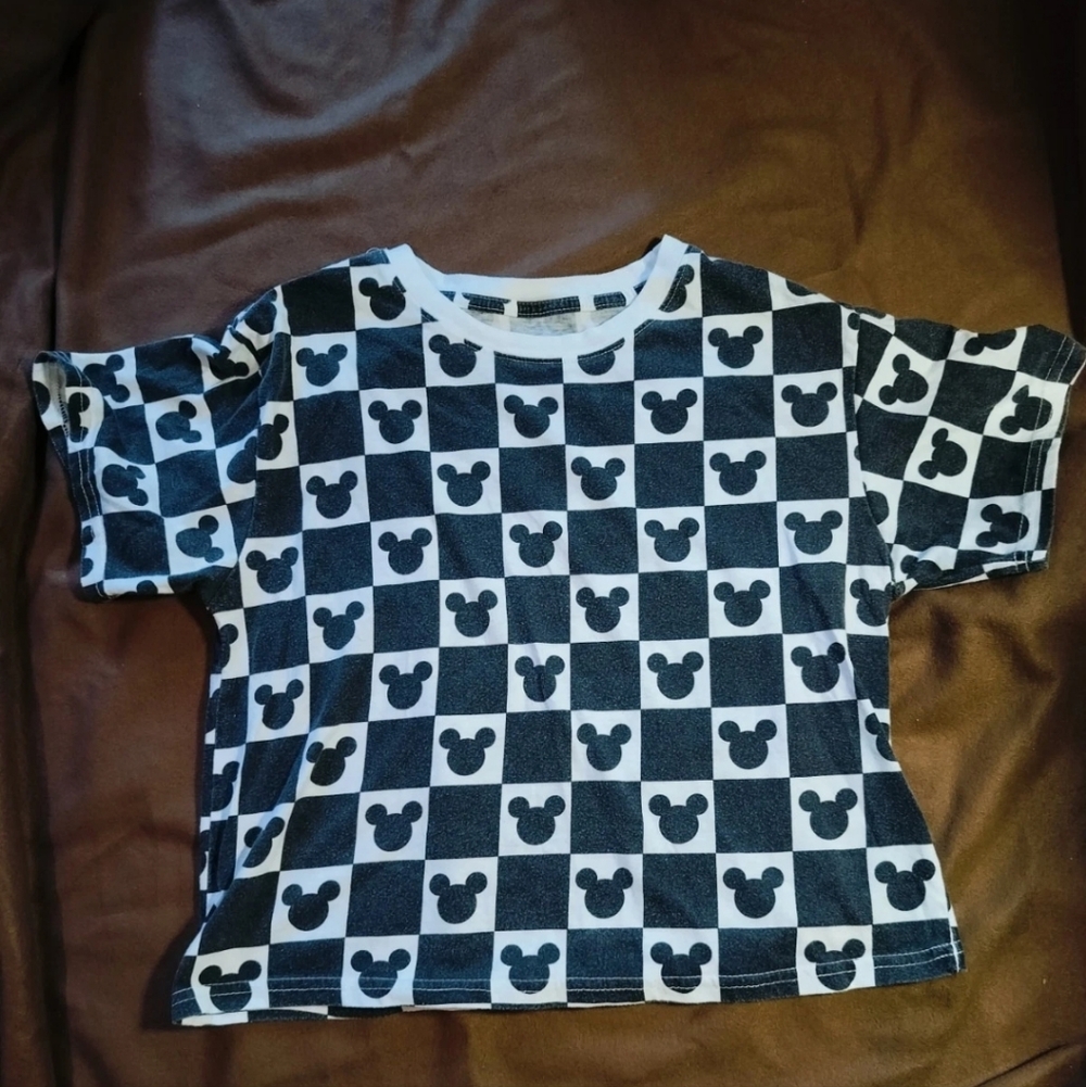 Disney Cropped Black & White Checkered Mickey Mouse Print Tee - Small